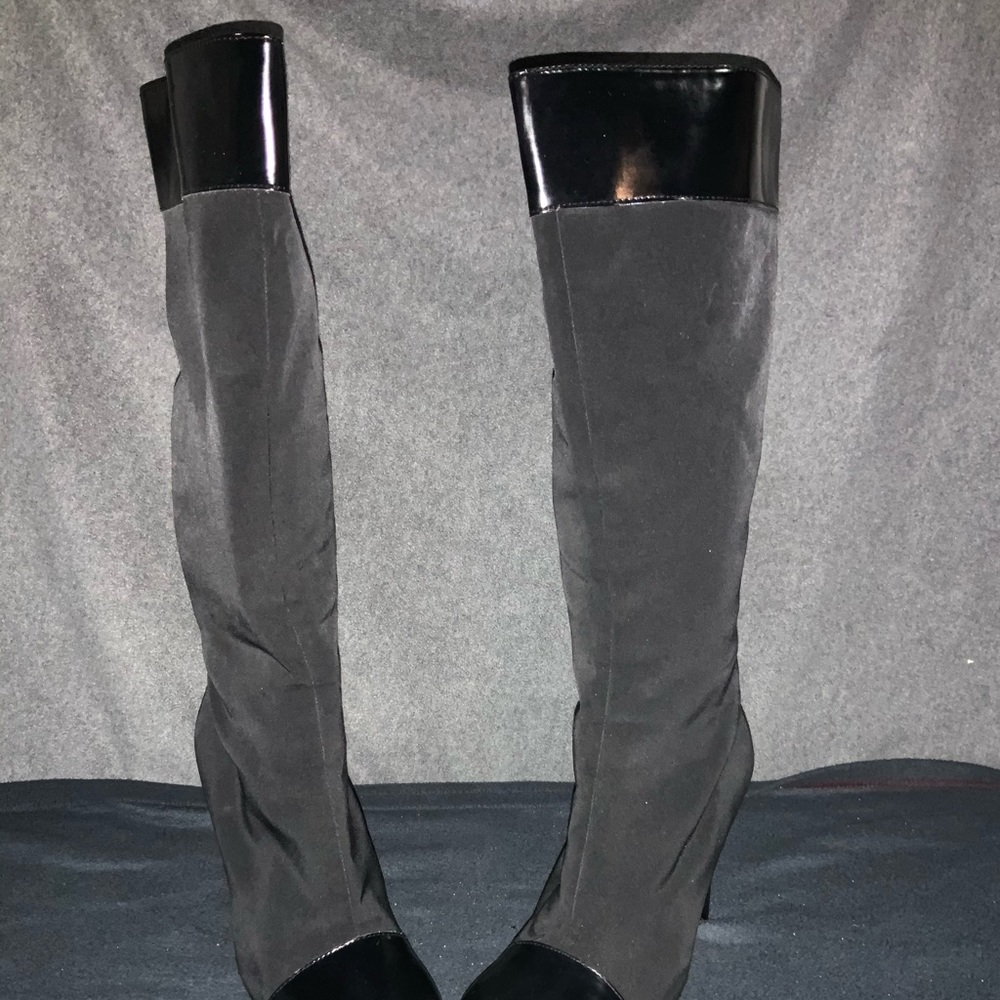 Brand new black satin/leather boots